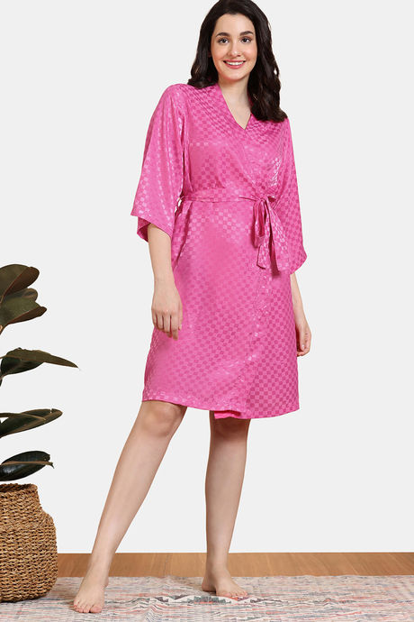 Zivame Checkered Sheen Woven Robe - Pink Yarrow — image 2